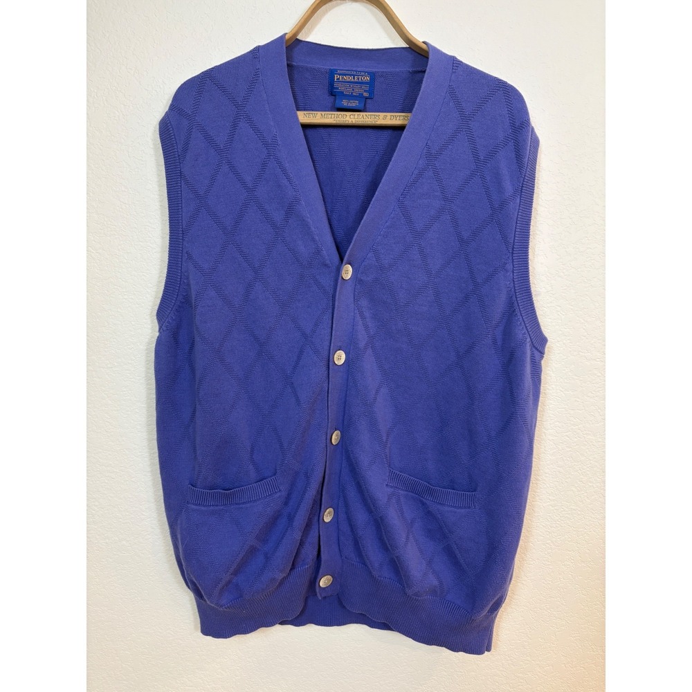 Pendleton Cardigan Vest Mens XL Purple Cotton Diamond Knit Button Front Preppy